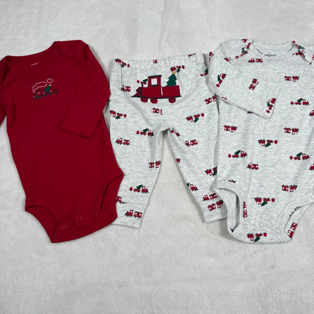 Carters Christmas Train Baby 3 Piece Outfit Onesie Pants Set 6m Red Gray Holiday